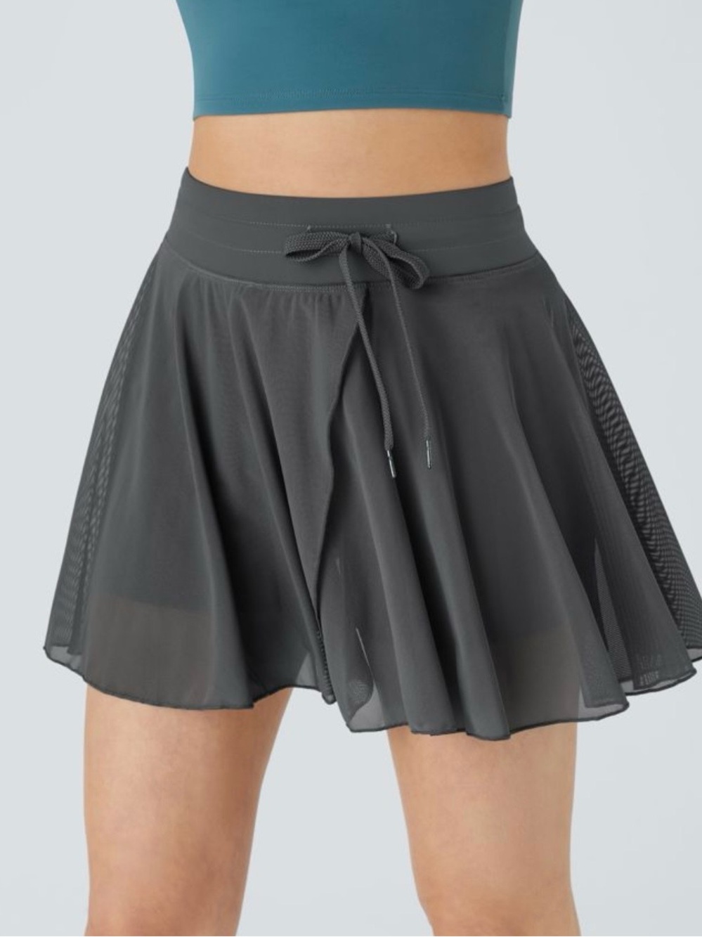 High Waisted Drawstring Contrast Mesh 2-in-1 Pocket Flowy Mini Flare